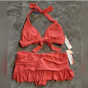 Elle Coral Orange Bikini Halter Top Skirtini Bottom Bikini 8 M $80 NWT